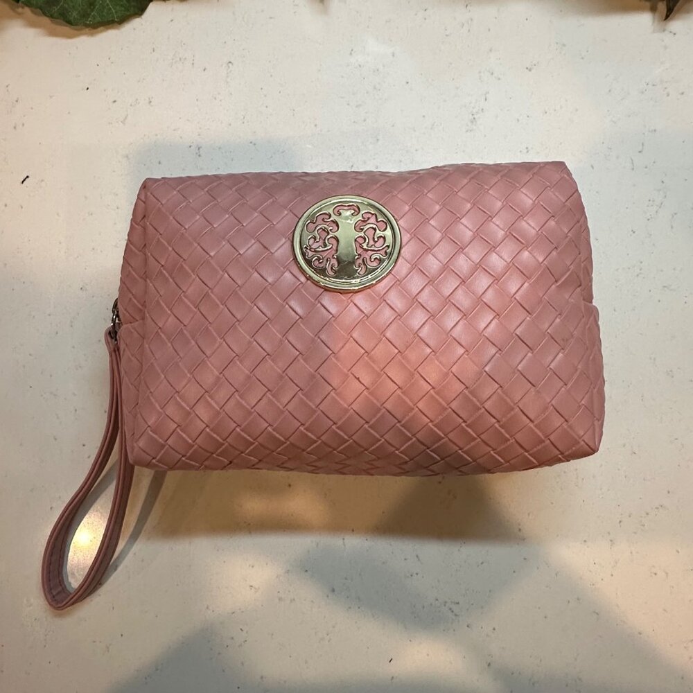 Pink Woven PVC Wristlet Clutch With Gold Accent & Zip Closure